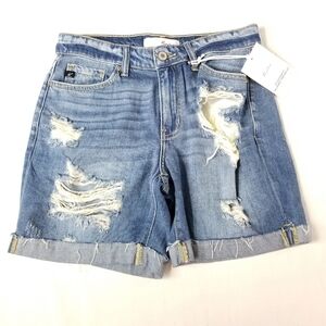 NWT KanCan Women's Mid Rise Medium Wash Distressed Cuffed Denim Jean Shorts, S